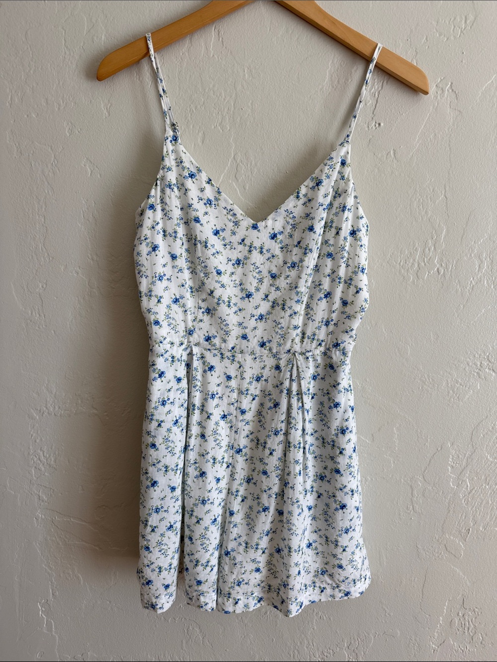 Aqua Linen Blend White Spaghetti Strap Romper with Blue Floral Print